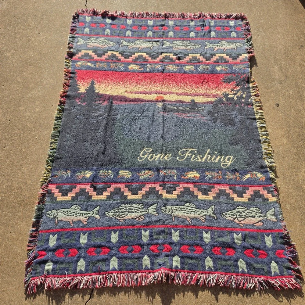 Vintage Gone Fishing Woven Tapestry Throw Blanket Trout Cabin Decor 70x48